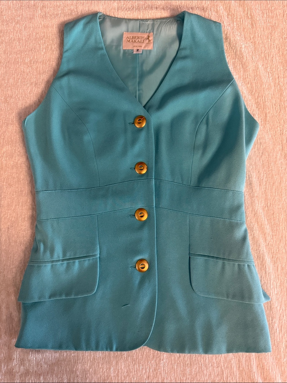 90s Vintage Alberto Makali Turquoise V-Neck Buttoned Vest with Gold Buttons
